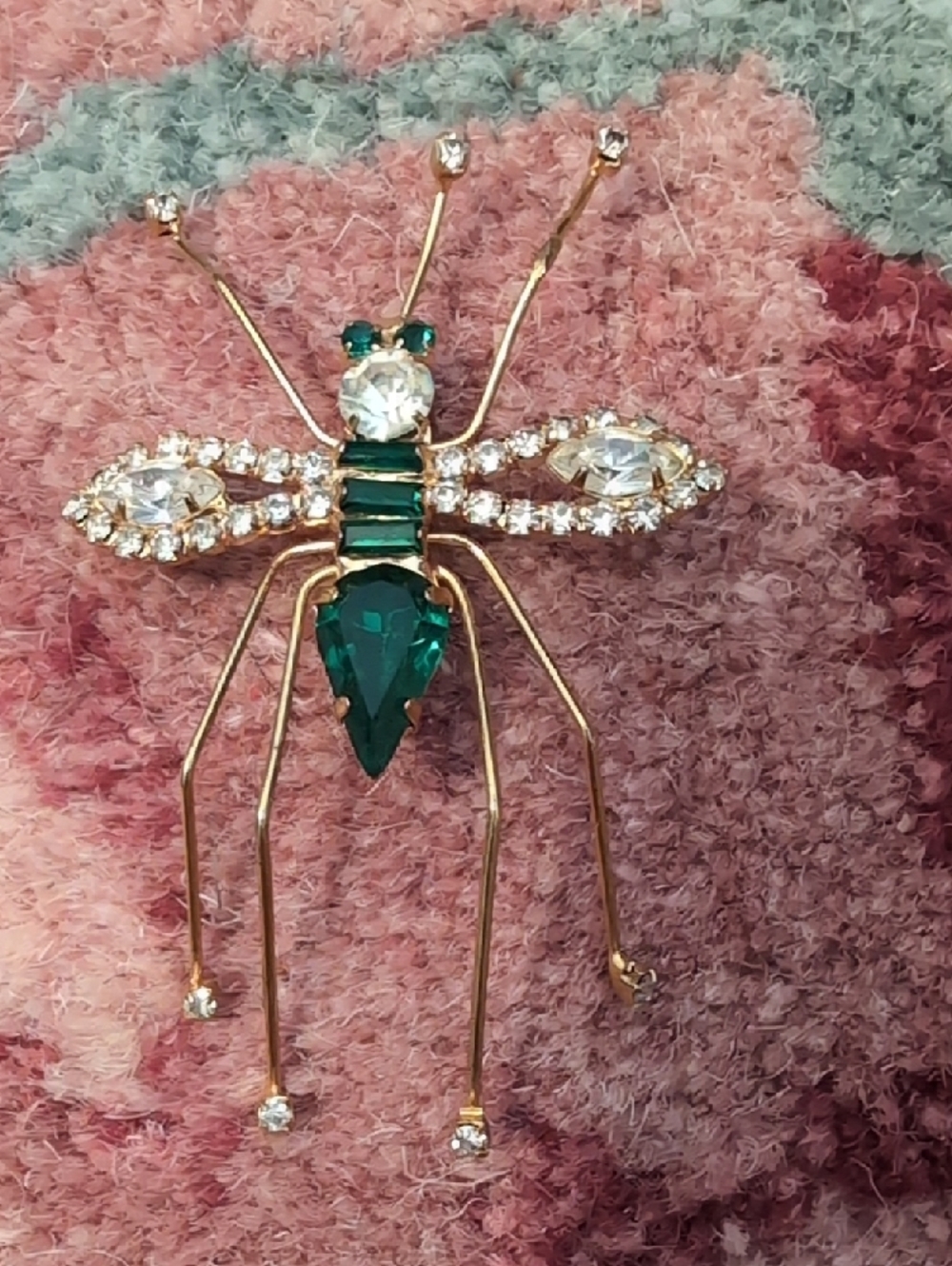 Gold-Tone Emerald & Crystal Crane Fly Brooch
